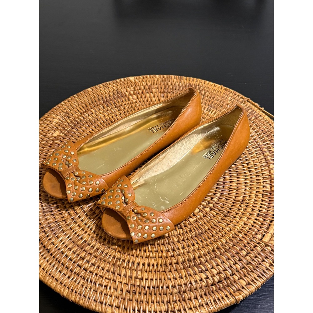 Michael Michael Kors Tan Leather Studded Bow Peep Toe Flats Brown Gold 6.5M